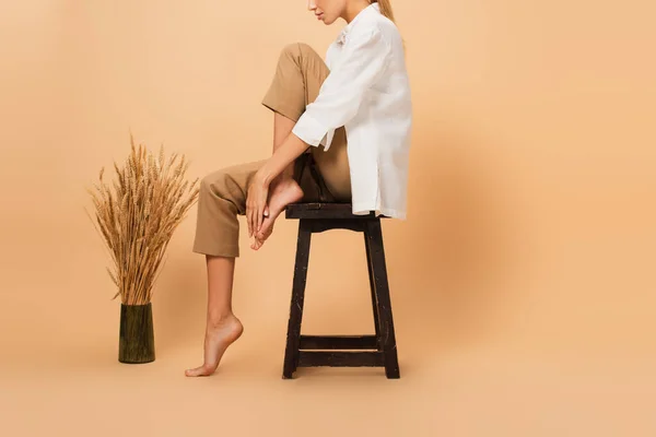 Vista laterale di donna ritagliata in camicia bianca e pantaloni in posa sulla sedia vicino spikelets su sfondo beige — Foto stock