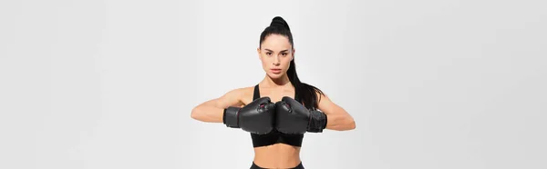 Brunette young sportswoman in boxing gloves isolated on grey, banner — Stock Photo