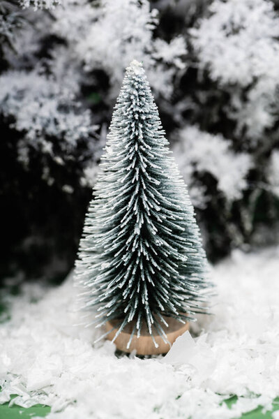 decorative christmas tree and fir branch on snow surface