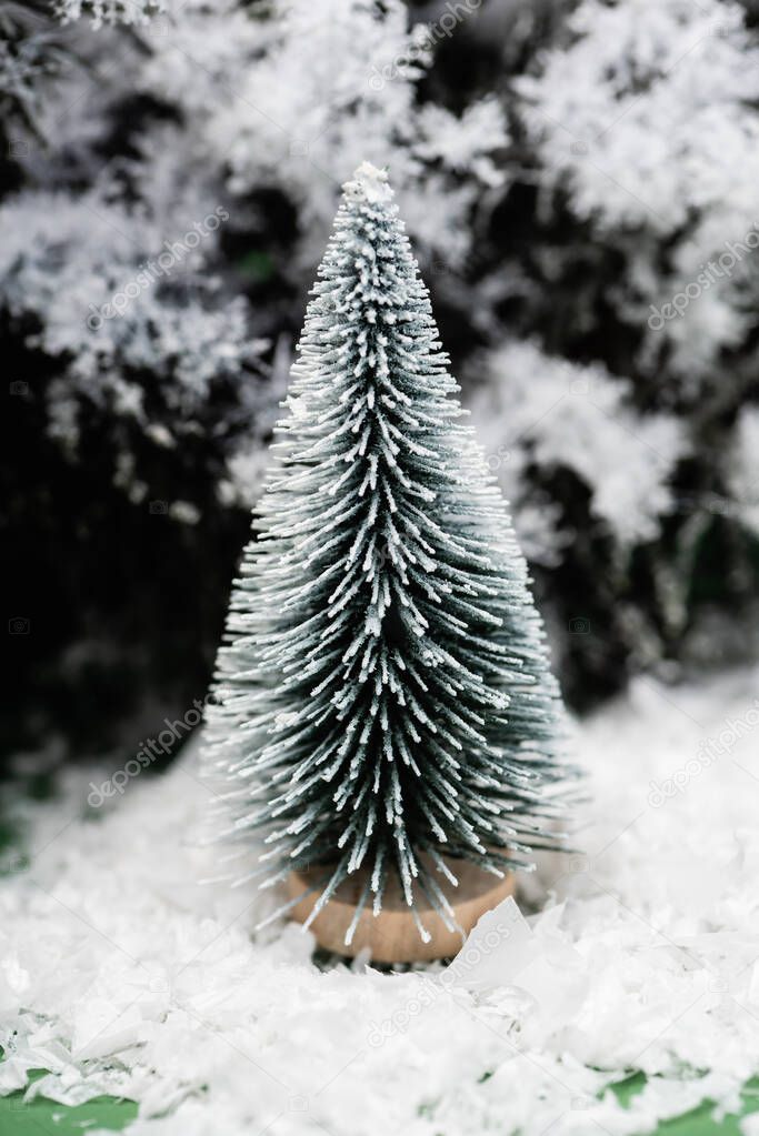 decorative christmas tree and fir branch on snow surface