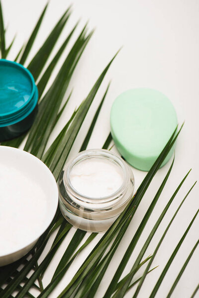 container with homemade cosmetic cream, scrub, bowl, and soap near palm leaves on white