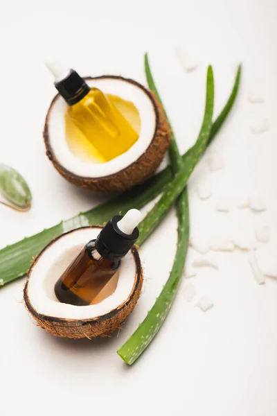 Bottles Essential Oil Coconut Halves Flakes Aloe Vera Leaves White — Stock Photo, Image