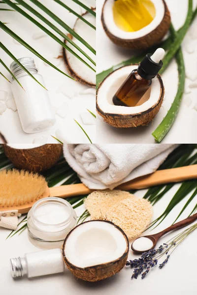 Kollage Naturliga Ingredienser Hemgjorda Kosmetika Massage Borste Handduk Och Svampar — Stockfoto