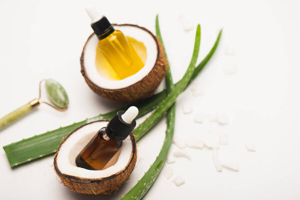 bottles with essential oil, jade roller, coconut halves and flakes near aloe vera leaves on white blurred background