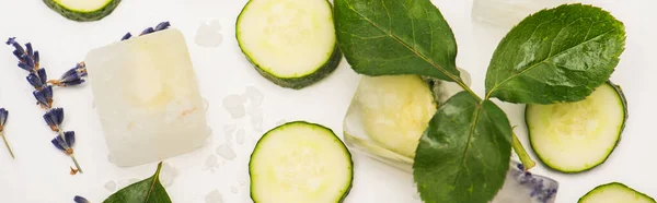 Top View Fresh Cucumber Slices Ice Cubes Lavender Flowers White — Stock Photo, Image