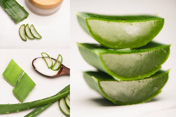 collage of cut aloe vera leaves, wooden spoon, and container with homemade cosmetic cream on white