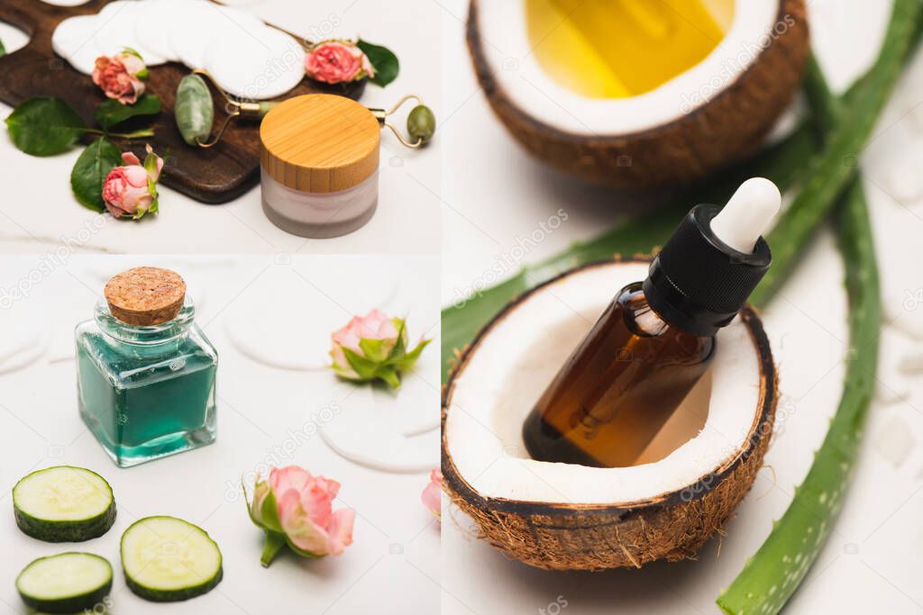 collage of coconut halves, bottle of essential oil, aloe vera leaves, homemade cosmetics, and jade roller on chopping board on white surface