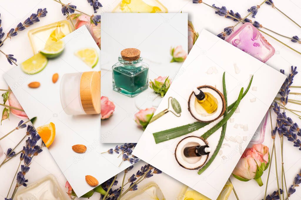 collage of natural ingredients and homemade cosmetics on white background