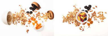 fındıklı, şeftalili, böğürtlenli ve kuru kayısılı enfes granola kolajı beyaz kaselere saçılmış, afiş