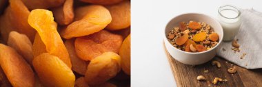 fındıklı lezzetli granola kolajı, yoğurt ve beyaz arka planda kurutulmuş kayısılar, afiş.