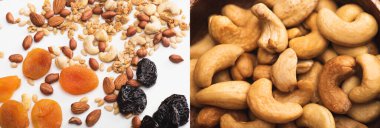 fındıklı ve kurutulmuş meyveli lezzetli granola kolajı beyaz ve kaju cevizine saçılmış, afiş