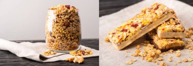 Lezzetli granola kolajı. Gri ve müsli barlarda izole edilmiş peçetenin üzerinde cam garda.