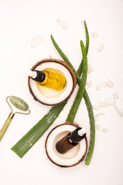 top view of bottles with essential oil, coconut halves and flakes near jade roller and aloe vera leaves on white surface