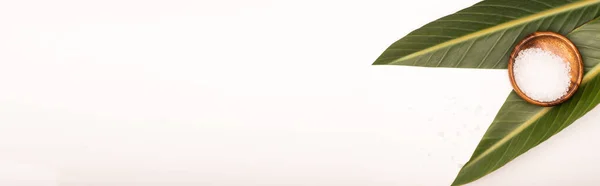 Bovenaanzicht Van Zeezout Houten Kom Groene Bladeren Witte Achtergrond Met — Stockfoto