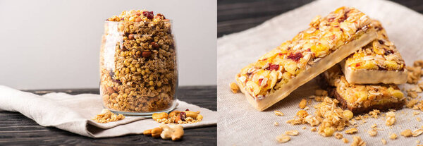 collage of delicious granola in glass gar on napkin isolated on grey and muesli bars, banner