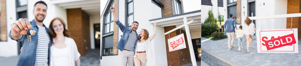 Collage of happy family with key hugging and going to house near sign with sold lettering, banner