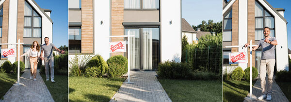 Коллаж современного дома, счастливая пара бежит вперед и мужчина показывает ключ возле знака с продаваемой надписью, баннер