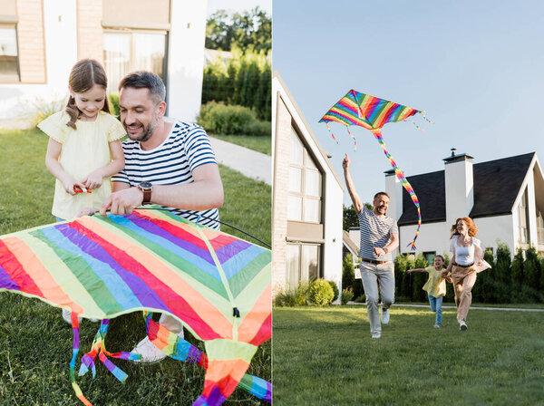 Collage of daughter with father assembling kite and running with mother while dad flying kite on lawn near houses