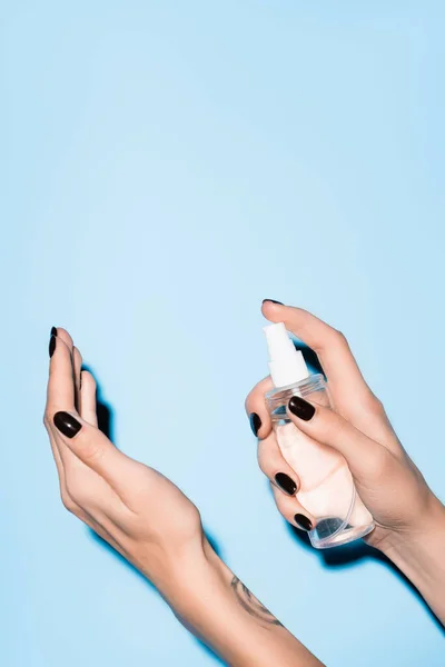 Cropped View Young Woman Using Hand Sanitizer Spray Blue — Stock Photo, Image