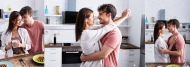 Mutfakta kahvaltı masasında kucaklaşan gülümseyen çiftin kolajı. 