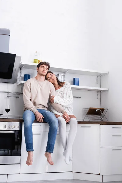 Young Couple Holding Hands While Sitting Closed Eyes Glass Wine — Stock Photo, Image