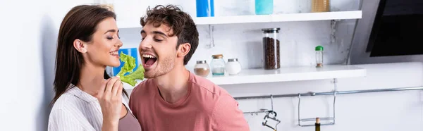 Mujer Alegre Alimentando Novio Con Lechuga Cocina Pancarta — Foto de Stock