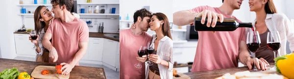 Colagem Jovem Casal Com Copos Vinho Cozinhar Cozinha Banner — Fotografia de Stock