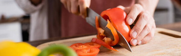 Cropped view of man cutting paprika on wooden cutting board, banner 