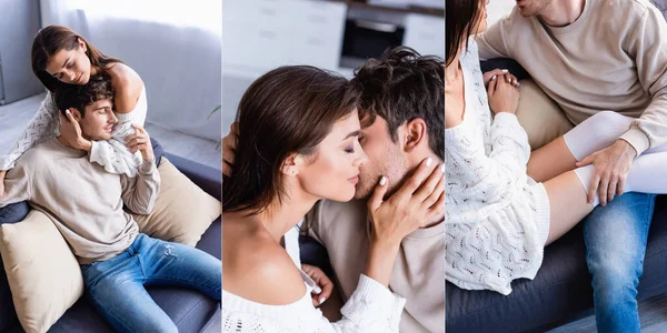 Collage Pareja Joven Abrazándose Tocándose Sofá Pancarta — Foto de Stock