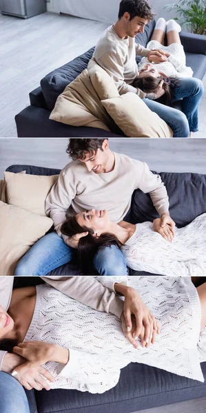 Collage Smiling Woman Knitted Sweater Lying Boyfriend Couch Banner — Stock Photo, Image