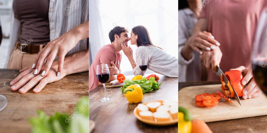 Collage of smiling couple kissing and cooking near glasses of wine in kitchen, banner 