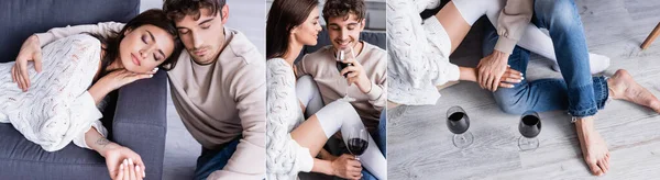 若いカップルのコラージュ笑顔と自宅でワインのグラスを保持 バナー — ストック写真
