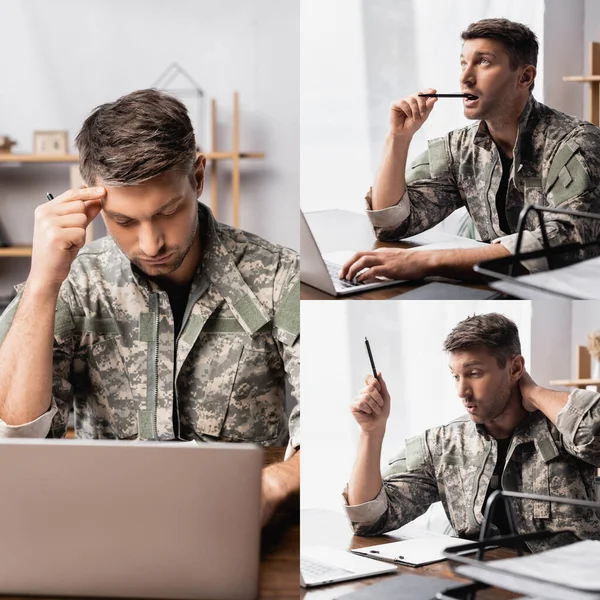 身着制服手持笔的军人的拼贴 一边想一边想 一边在书桌上的笔记本电脑旁边有想法 — 图库照片