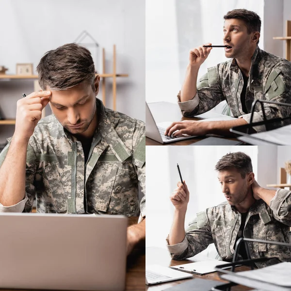 Collage Militare Uniforme Che Tiene Penna Mentre Pensa Idea Vicino — Foto Stock