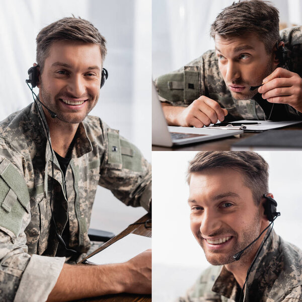 collage of cheerful military man smiling and speaking in microphone on headset near laptop 