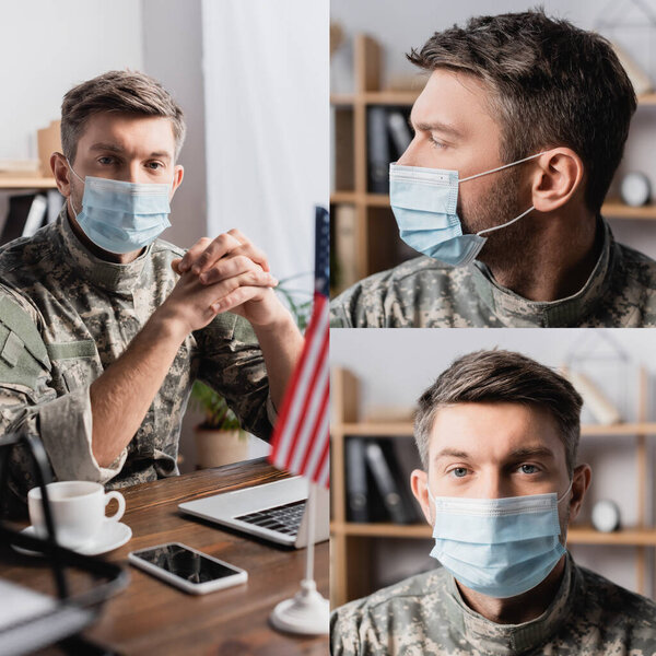 Коллаж военнослужащего в медицинской маске, смотрящего в камеру и сидящего с сжатыми руками возле ноутбука на столе 