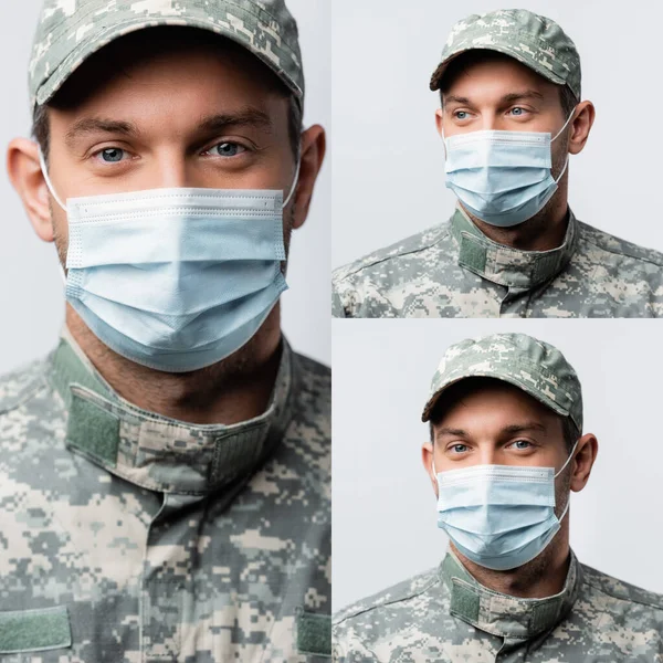 Tıbbi Maskeli Askerlerin Kolajı Beyaz Kameraya Bakıyor — Stok fotoğraf