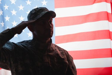 Üniformalı ve şapkalı vatansever asker arka planda Amerikan bayrağının yanında selam veriyor.