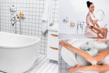 Bacağa dokunan ve evde köpükle banyo yapan genç bir kadın kolajı. 