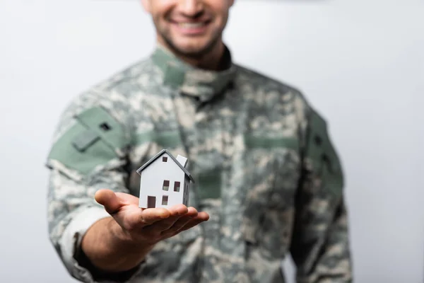 House Model Hand Happy Military Man Uniform Blurred Background Isolated — Stock Photo, Image