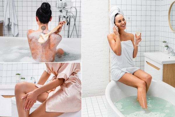 Collage of smiling woman with champagne talking on smartphone, using brush and taking bath with foam