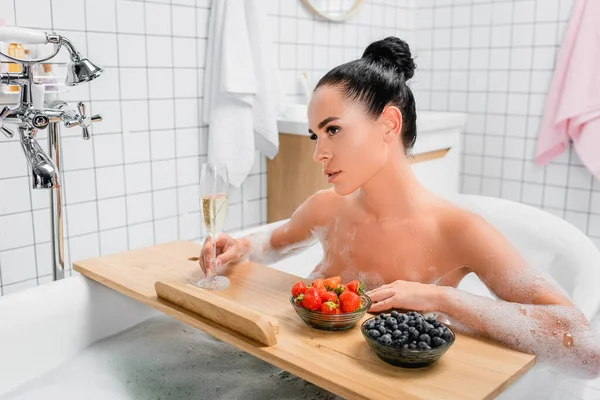 Sensual Woman Holding Glass Champagne Berries Bathtub Tray — Stock Photo, Image