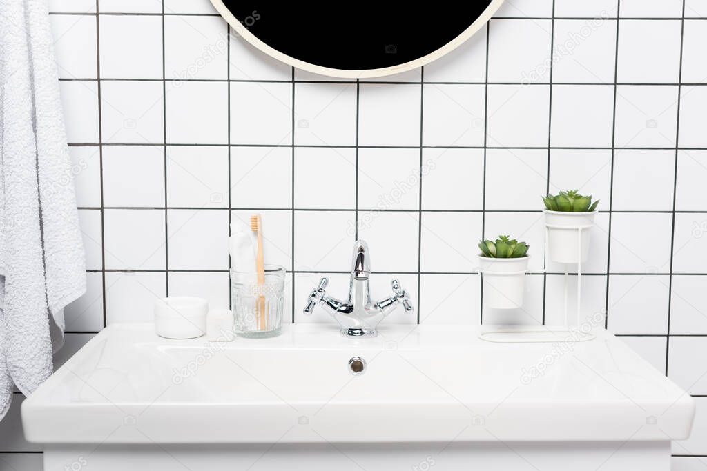 Toothpaste with toothbrush, plants and cosmetic cream on sink in modern bathroom 