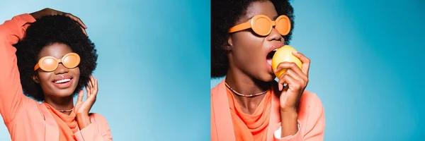Kolaż Afrykańskiej Młodej Kobiety Pomarańczowym Stylowym Stroju Odizolowanym Niebieskim Tle — Zdjęcie stockowe
