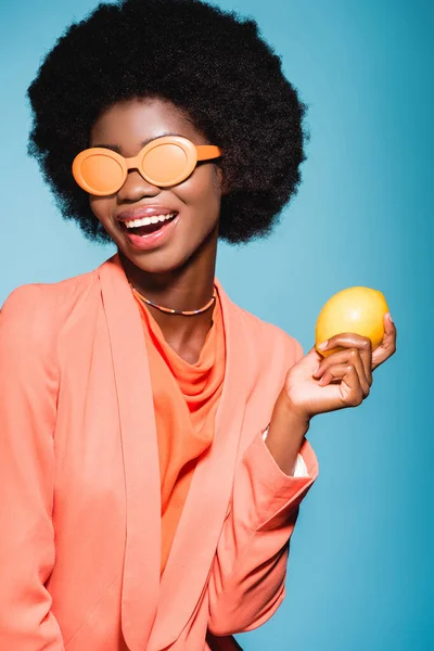 Happy African American Young Woman Orange Stylish Outfit Lemon Isolated — Stock Photo, Image