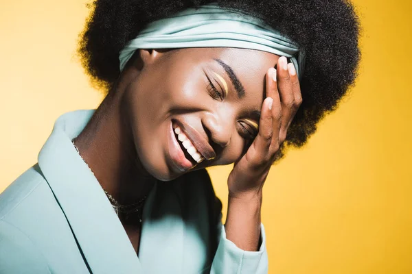 Laughing African American Young Woman Blue Stylish Outfit Isolated Yellow — Stock Photo, Image