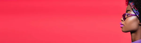 Kırmızı Pankartta Izole Edilmiş Mor Elbiseli Güneş Gözlüklü Afro Amerikan — Stok fotoğraf