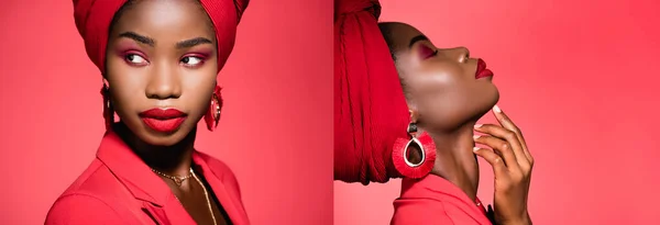 Collage Giovane Donna Afroamericana Abito Elegante Turbante Isolato Rosso Banner — Foto Stock