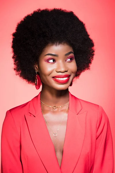 Happy African American Young Woman Stylish Outfit Isolated Red — Stock Photo, Image