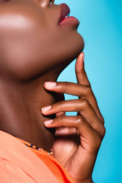 Partial View African American Young Woman Touching Chin Isolated Blue — Stock Photo, Image